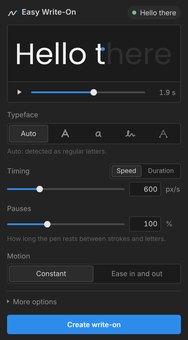The Easy Write-On panel showing a live preview of the text Hello there being written
